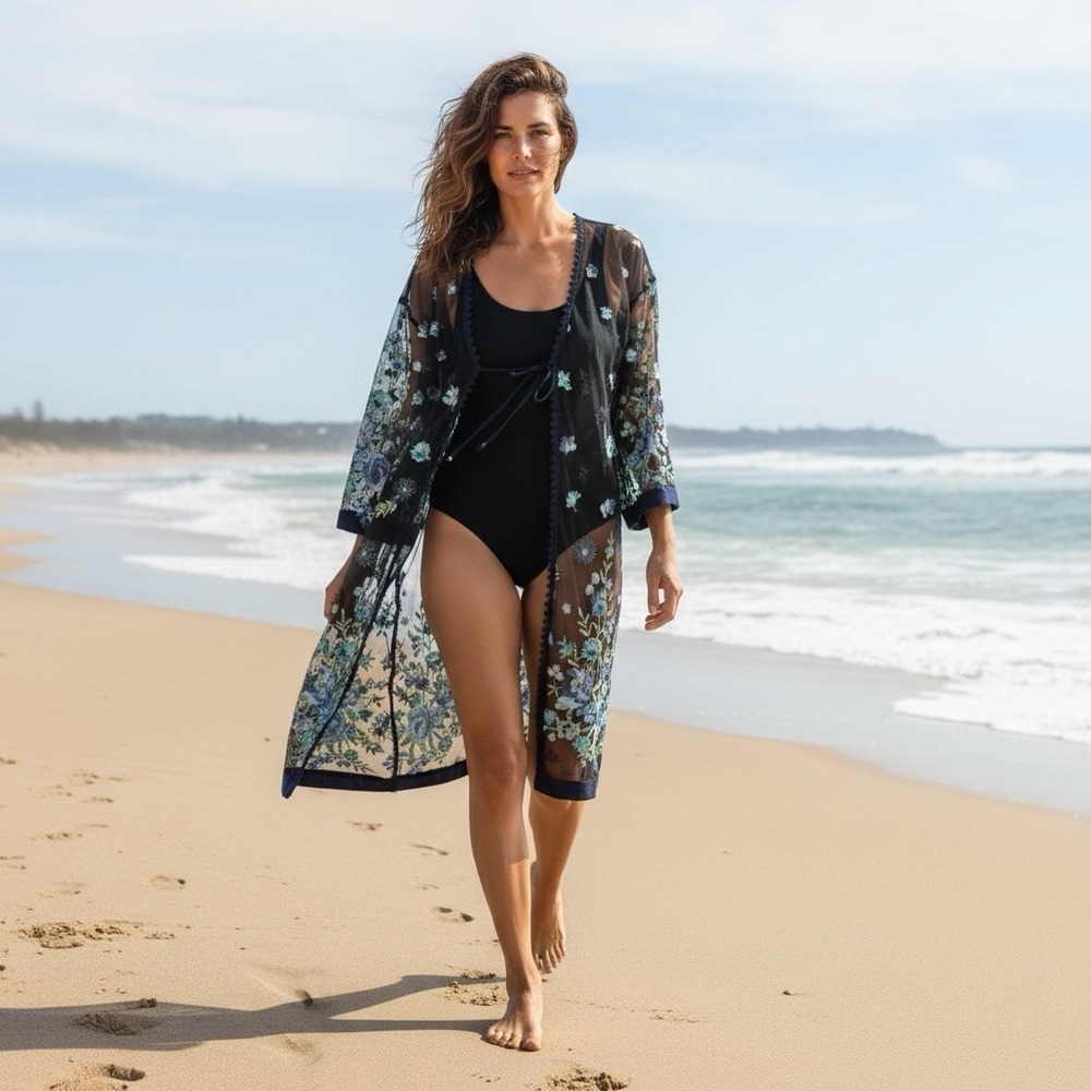 Black Lace Tulle Blue Floral Embriodered Kimono Duster Tie Festival Jacket OS